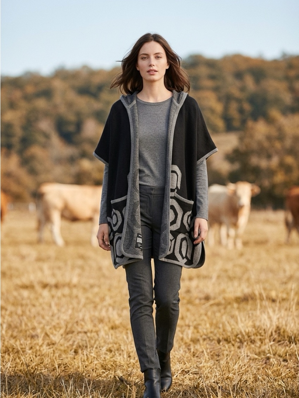 Desigual Black & Gray Hooded Poncho with Geometric Pattern